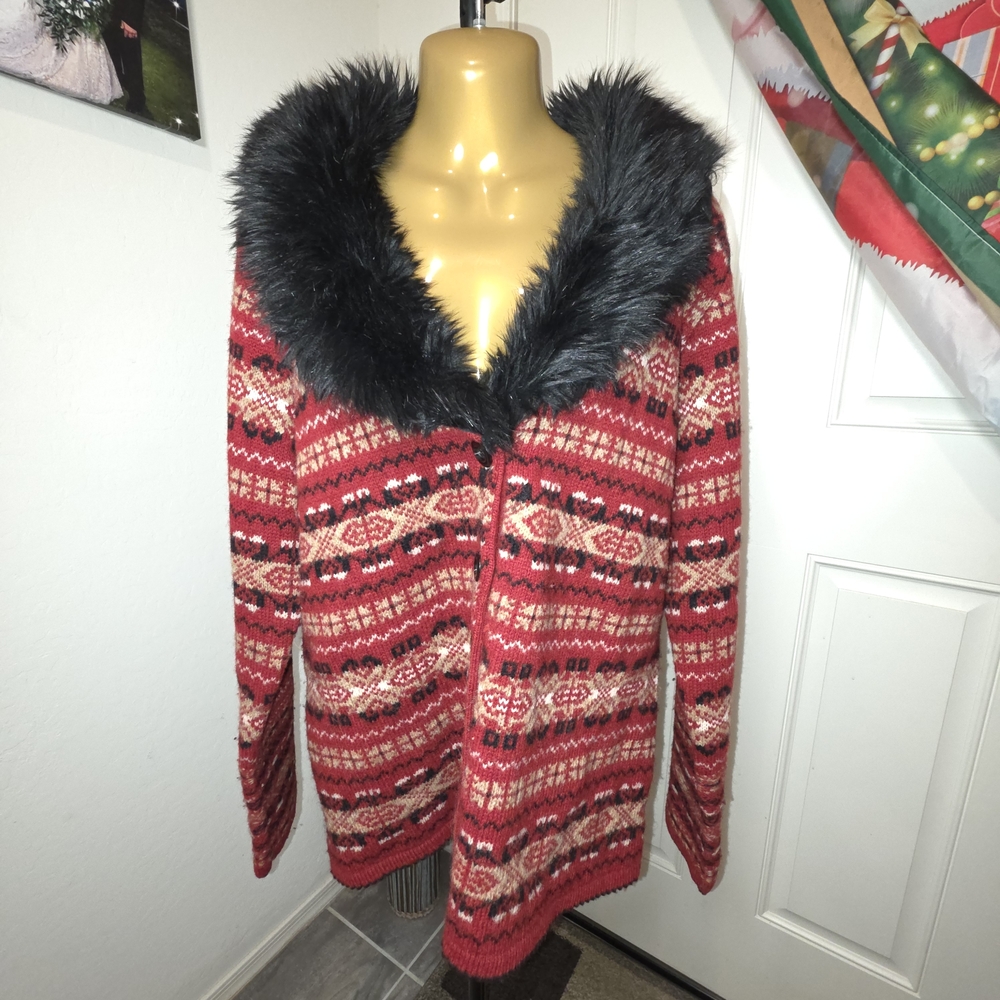 SKYR Nordic Fair Isle Faux Fur Collar 100% Wool Cardigan Sweater 1x Women